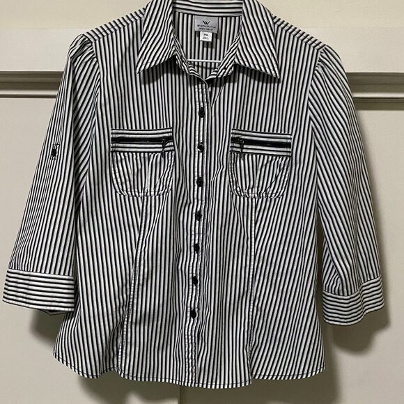 Worthington, black & white stripe, 3/4 sleeve, button-down blouse, size PM - Picture 1 of 10